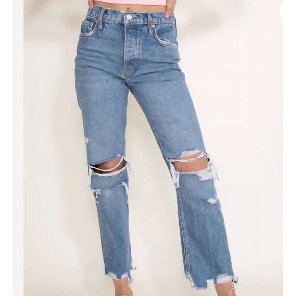 Free People Jeans Women's 28 Blue Tapered Baggy Boyfriend Distressed High Rise - Picture 1 of 4